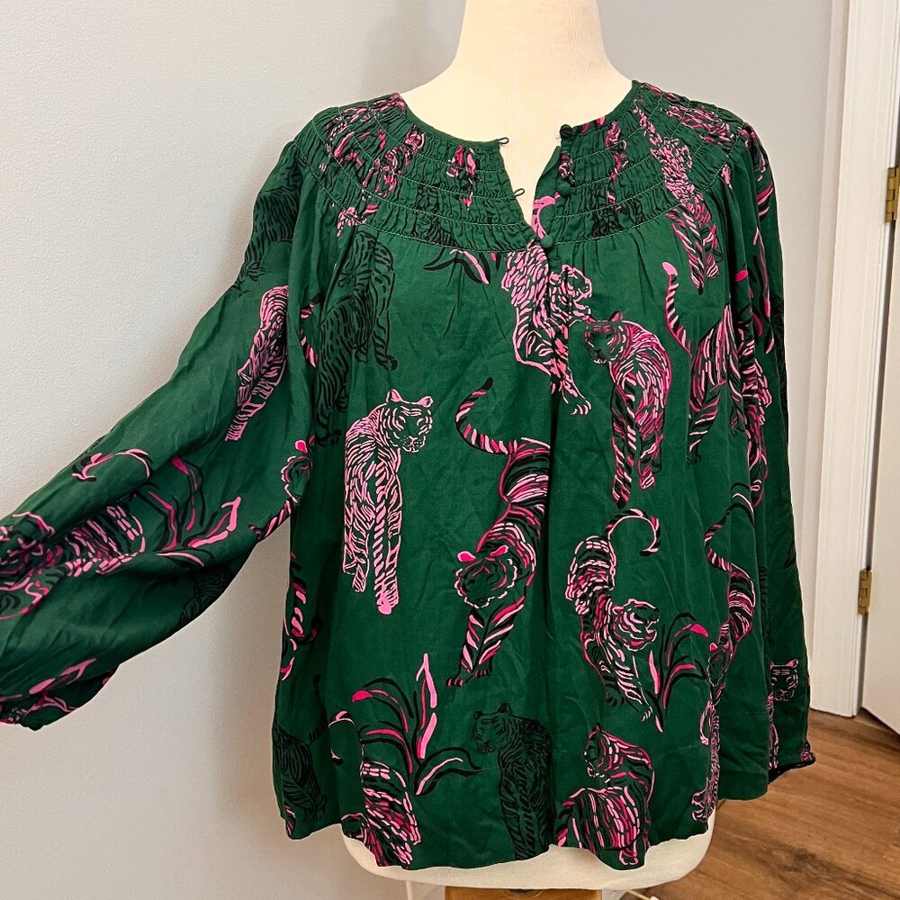 NEW Crown & Ivy Blouson Sleeve Tiger Animal Print Top Green Purple Sz 1X